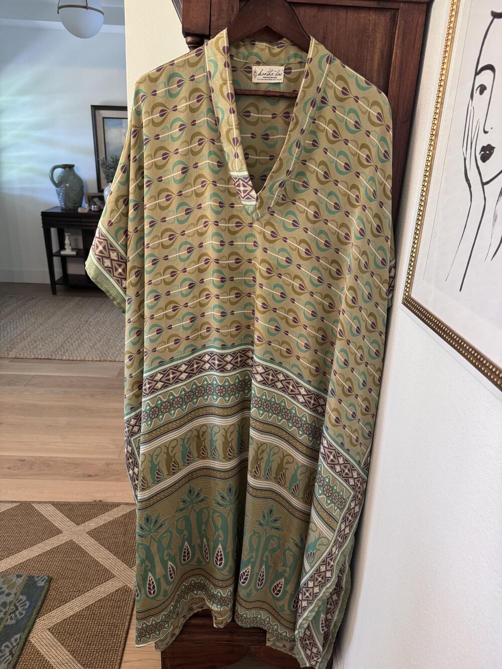 Kantha Bae Dress Womens One Size Green Paisley Kaftan Maxi Boho Festival Wear